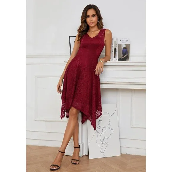 Women's Dark Red Handkerchief Hem Lace Fancy Prom Cocktail Party Dress
